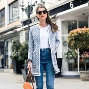 Zara’s “That Coat” Ecru and Blue Frayed Printed Coat Sz M